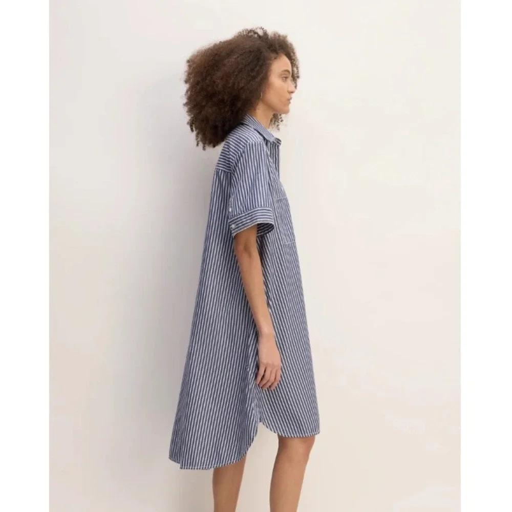 Everlane Daytripper Navy White Striped Cotton Shirt Dress High-Low Lagenlook XS - Picture 3 of 12